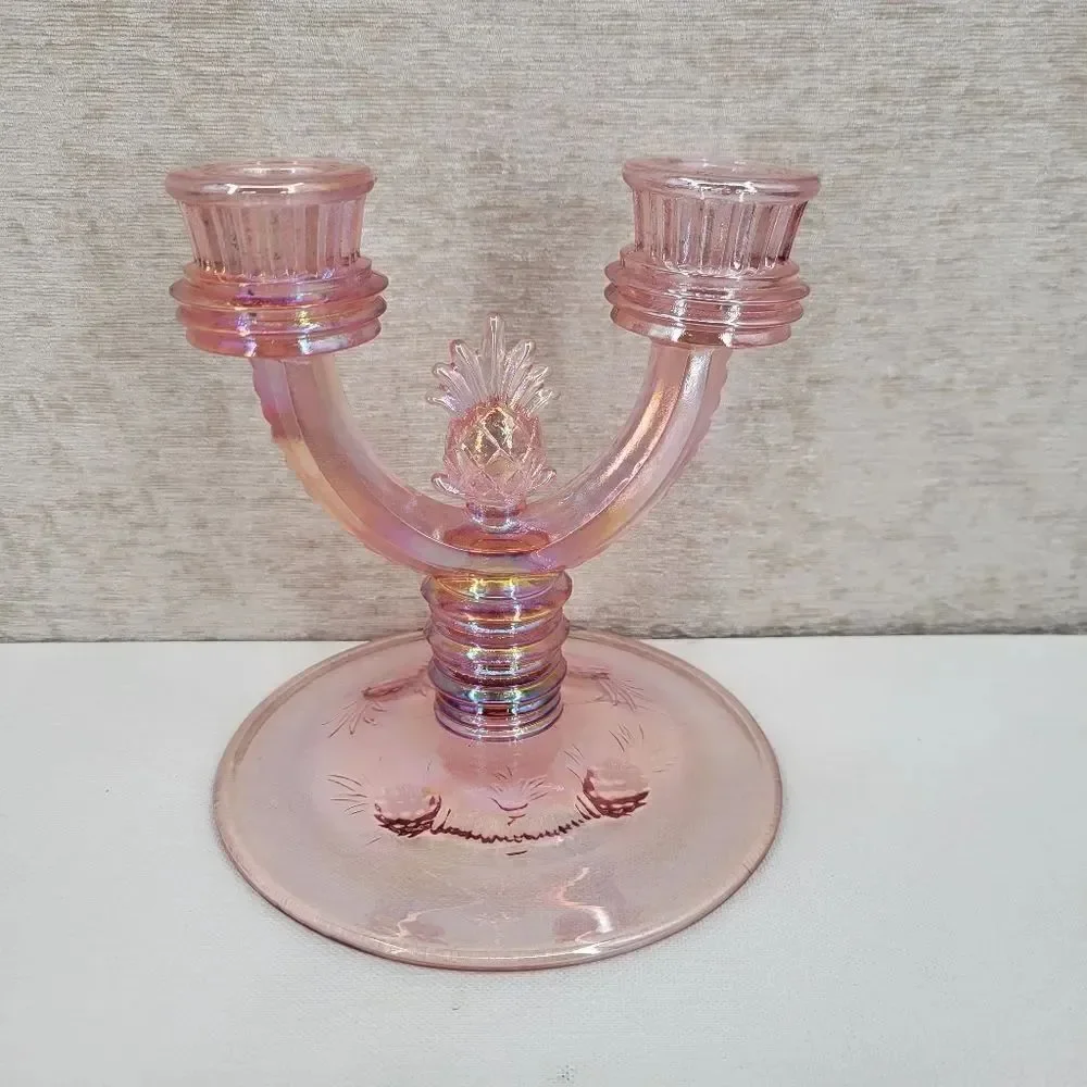 Fenton Pineapple Candlestick Double Pink Glass Candle Holder Vintage Candelabra